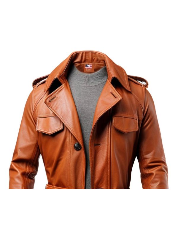 Men’s Long Leather Tan Color Coat
