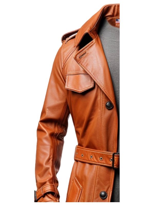 Men’s Long Leather Tan Color Coat