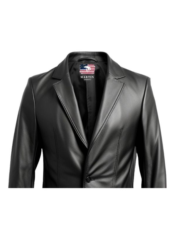 Men One Button Black Leather Blazer