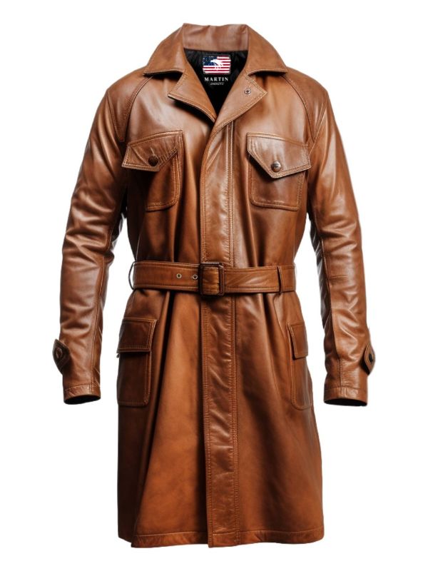 Men’s Vintage Brown Long Coat – Distressed Leather Brown Coat
