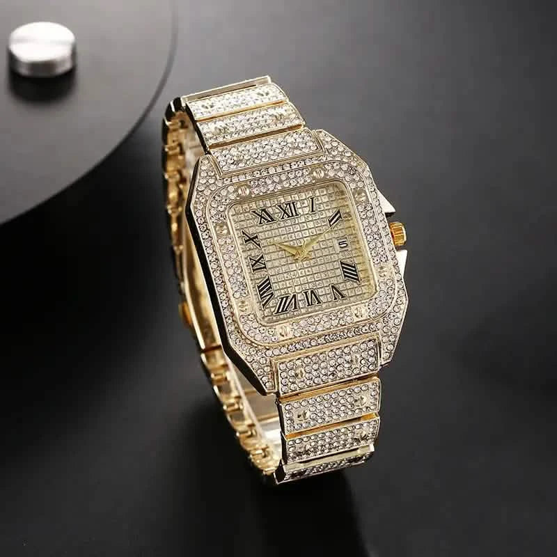 Montre analogique élégante et haut de gamme en alliage de zinc pour homme avec strass