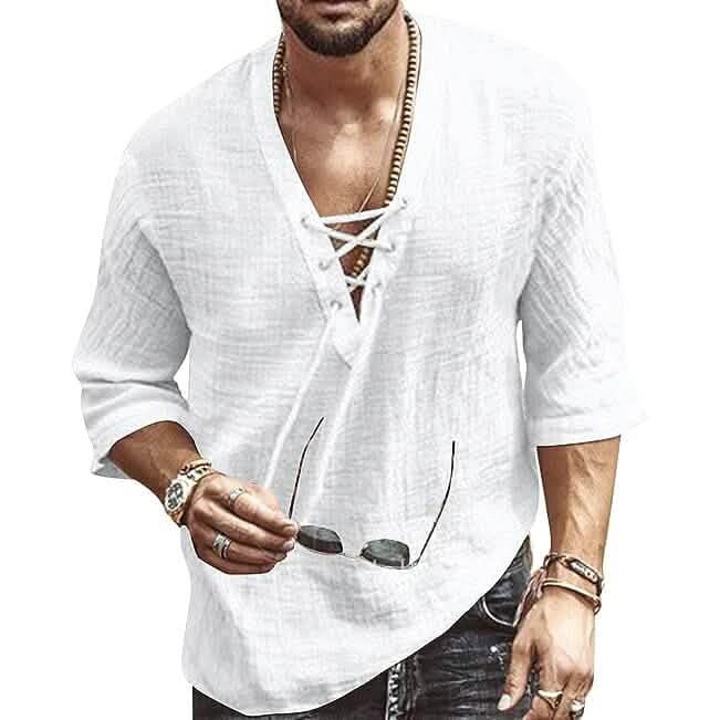 Chemise de plage pour homme à manches courtes, col en V et cordon de serrage