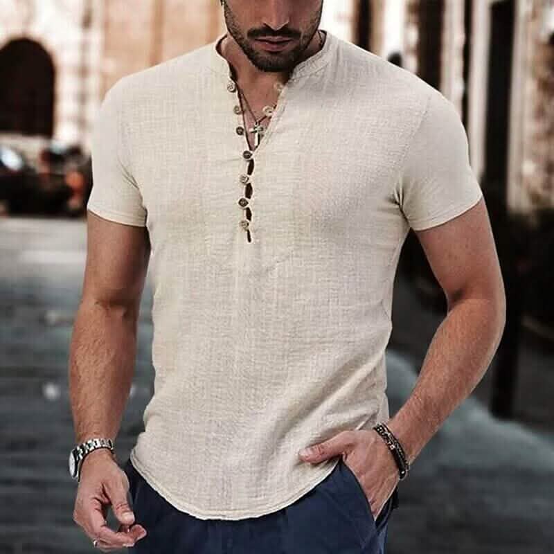 T-shirt popover à manches courtes et col en V uni pour hommes