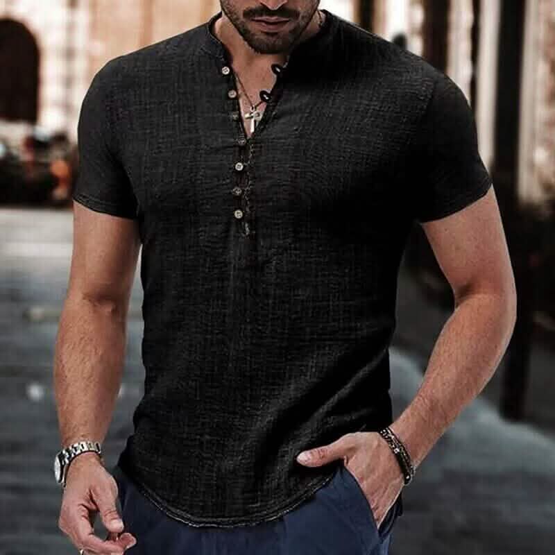 T-shirt popover à manches courtes et col en V uni pour hommes