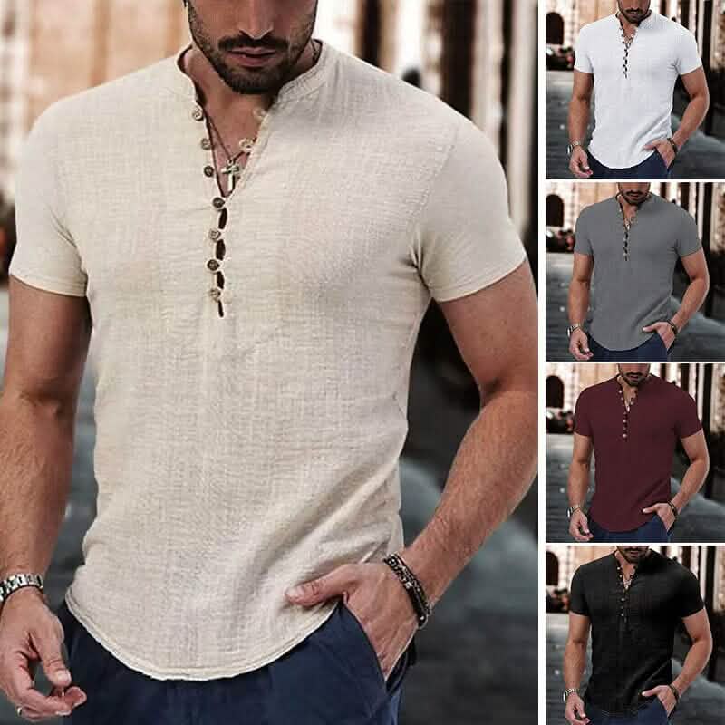 T-shirt popover à manches courtes et col en V uni pour hommes