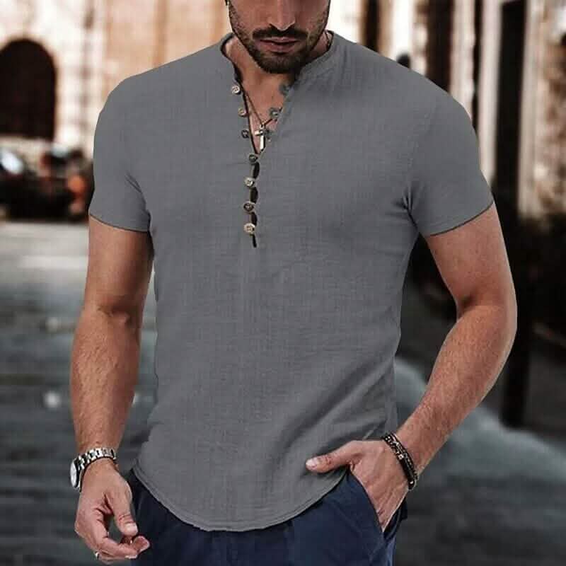 T-shirt popover à manches courtes et col en V uni pour hommes
