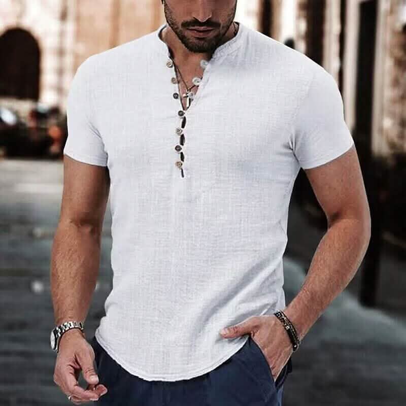 T-shirt popover à manches courtes et col en V uni pour hommes