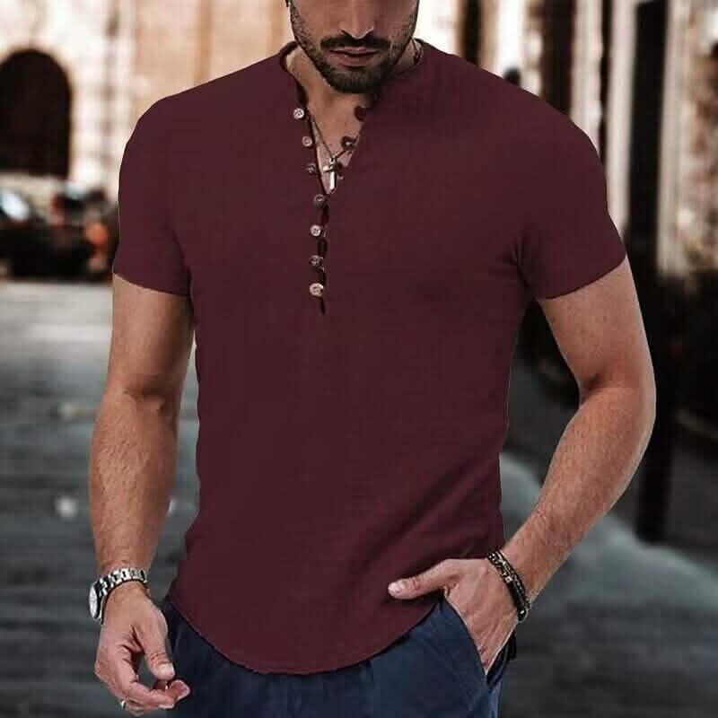 T-shirt popover à manches courtes et col en V uni pour hommes