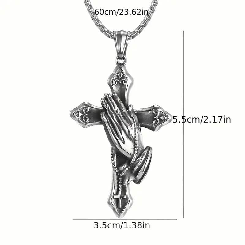 Men's Stainless Steel Prayer Hand and Cross Pendant Necklace