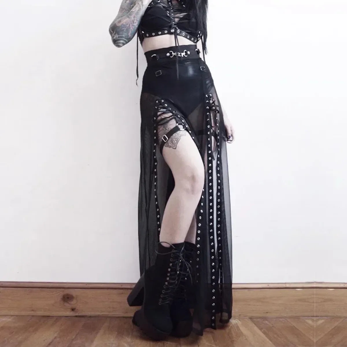 Mesh Gothic Side Slit Skirt – Punk Lace-Up High Waist Maxi Skirt