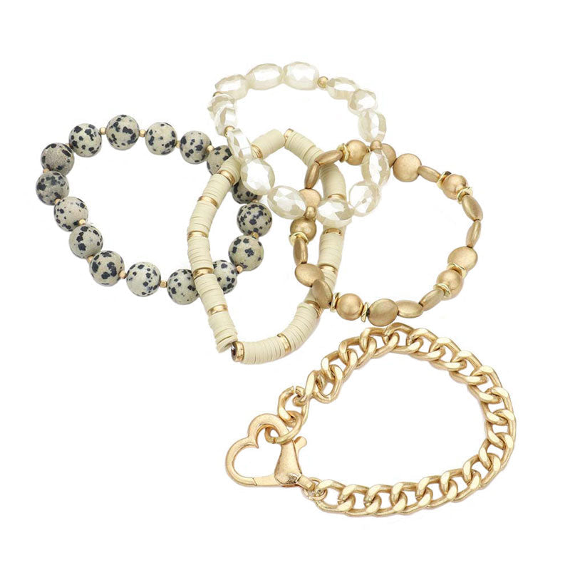 Metal Heart Heishi Natural Stone Stretch Bracelets