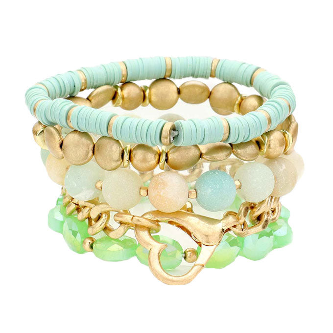 Metal Heart Heishi Natural Stone Stretch Bracelets