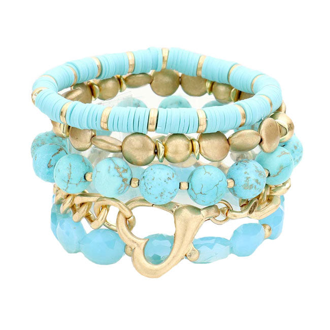 Metal Heart Heishi Natural Stone Stretch Bracelets