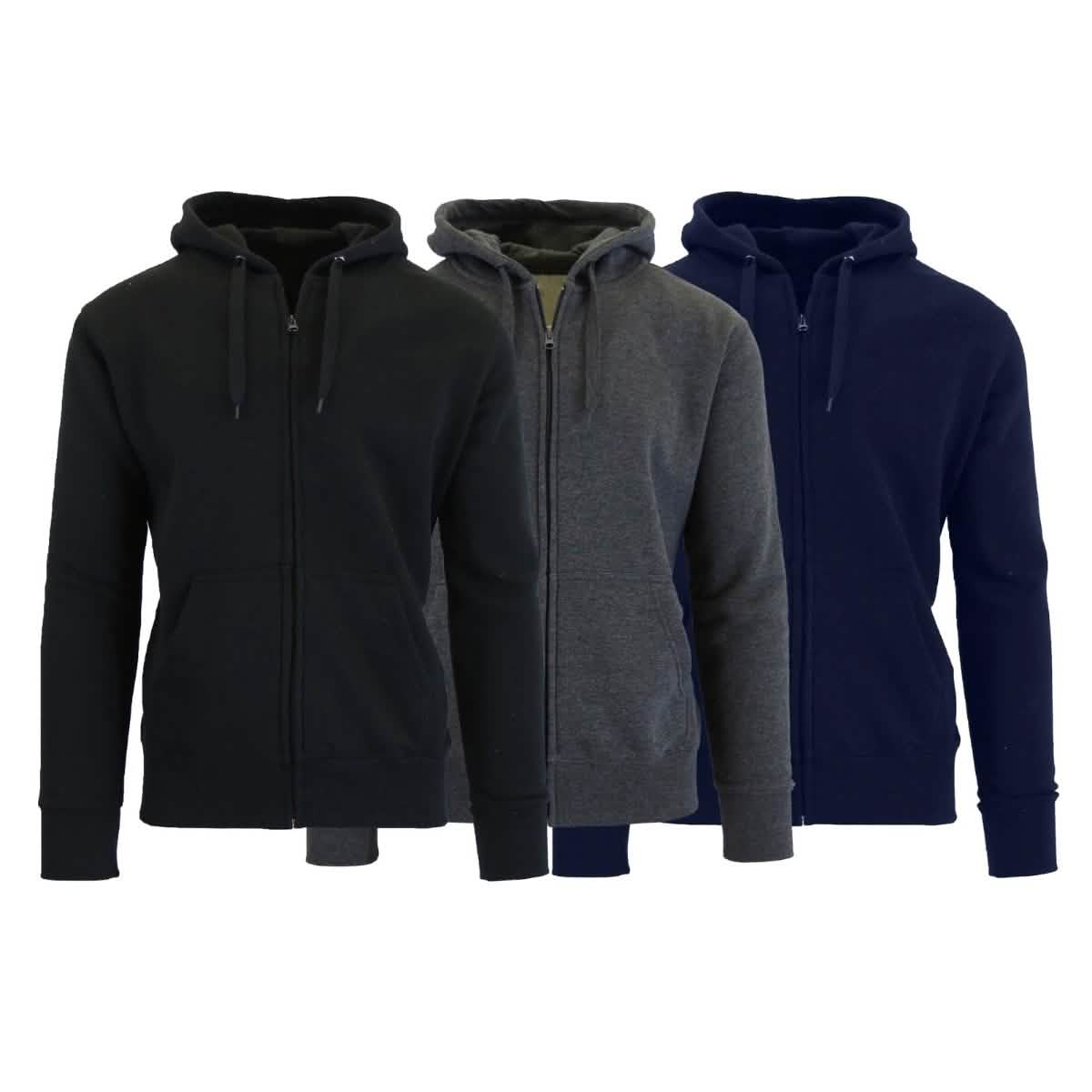 Lot de 3 sweats à capuche zippés doublés polaire pour homme, coupe ajustée