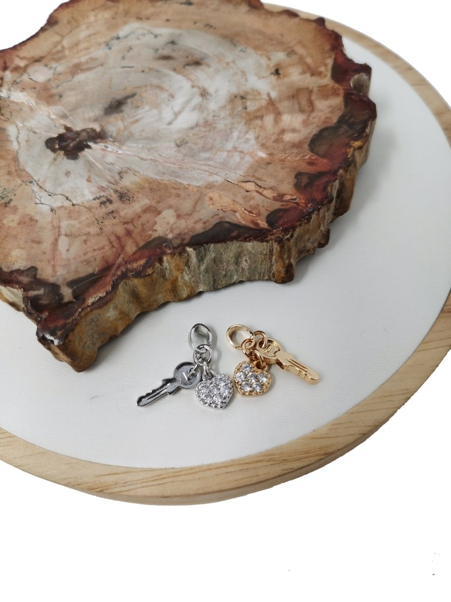 Micro pave Dainty Small Key to my heart Charm in Silver / 18k Gold Filled charm for Bracelet, Earring, Necklace component 23x13mm I-339