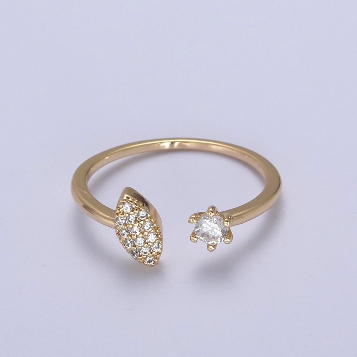 Micro Pave Gold Sharp Angle Oval Open Ring, 16K Gold Filled Crystal Cubic Zirconia CZ Statement Ring, Minimalist Stacking Ring U-434