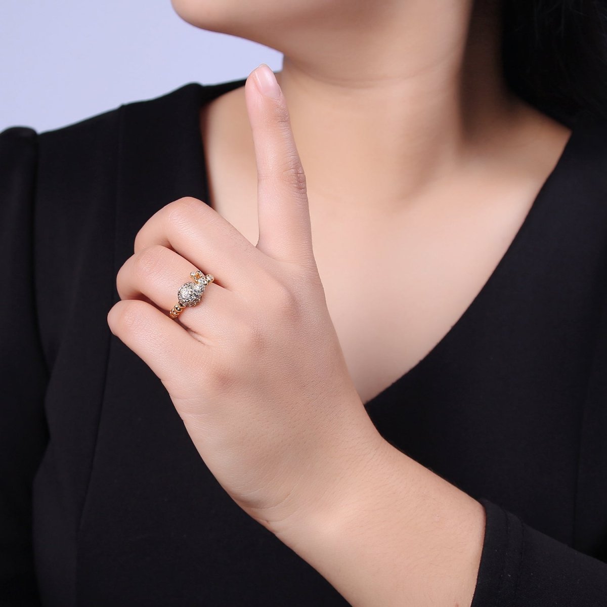 Micro Pave Snail Ring, Heart Textured Gold Adjustable Band Ring, 24K Gold Filled Nature Ocean Wildlife Under The Sea Ring U-441