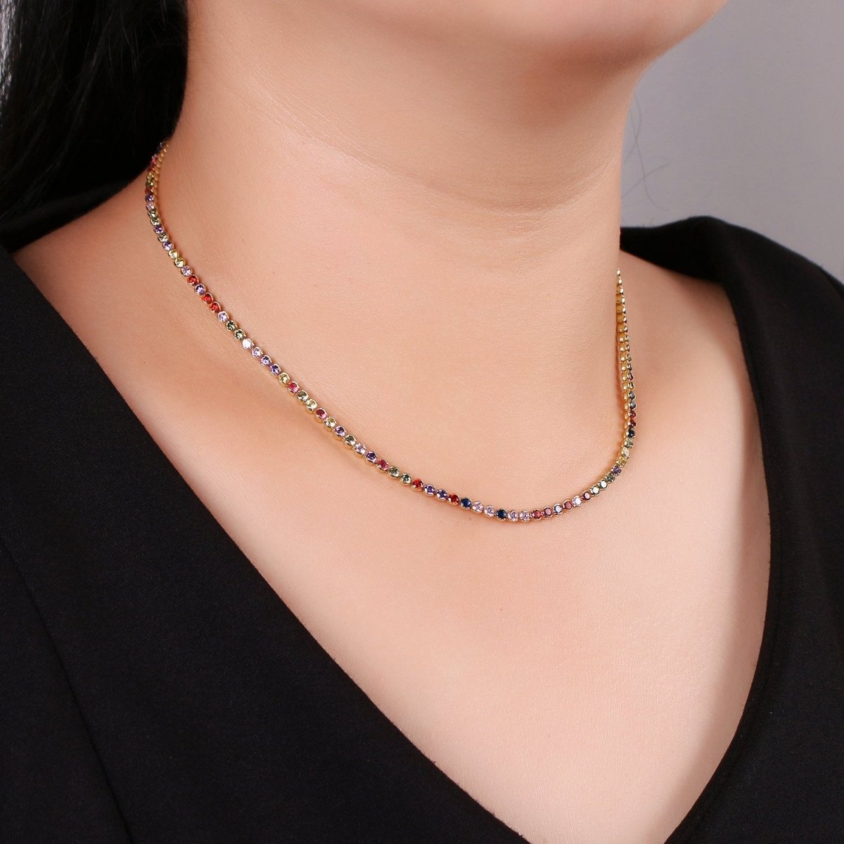Micro Pave Tennis Chain / 14k Gold Filled / Micro Pave Choker Chain / Tennis Chain Choker Necklace Multi Color Rainbow CZ Chain | CN-779, CN-896  Clearance Pricing