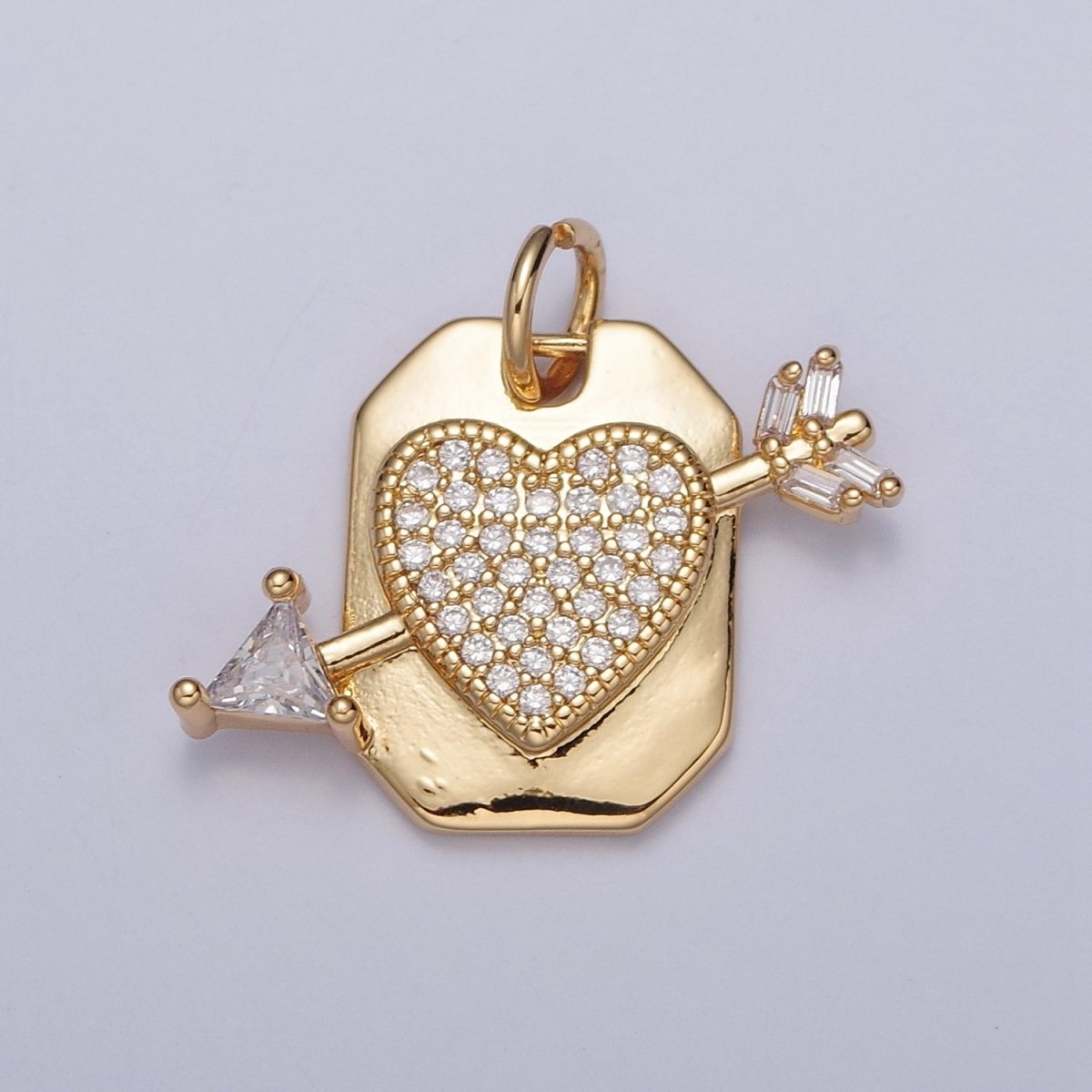Micro Paved CZ Heart Cupid's Arrow Hexagonal Tag Charm | X-126