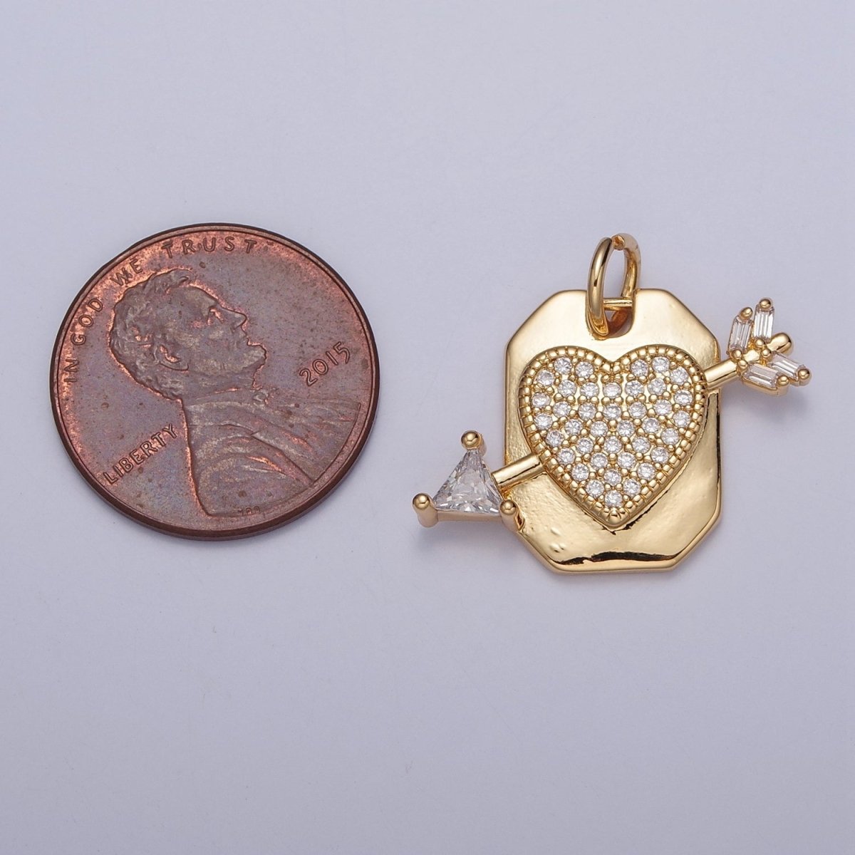 Micro Paved CZ Heart Cupid's Arrow Hexagonal Tag Charm | X-126