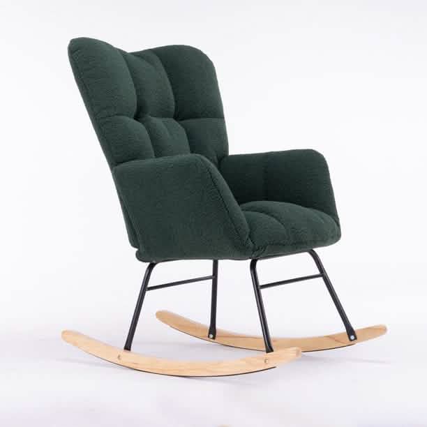 Fauteuil à bascule capitonné en tissu Teddy, style Mid-Century Modern