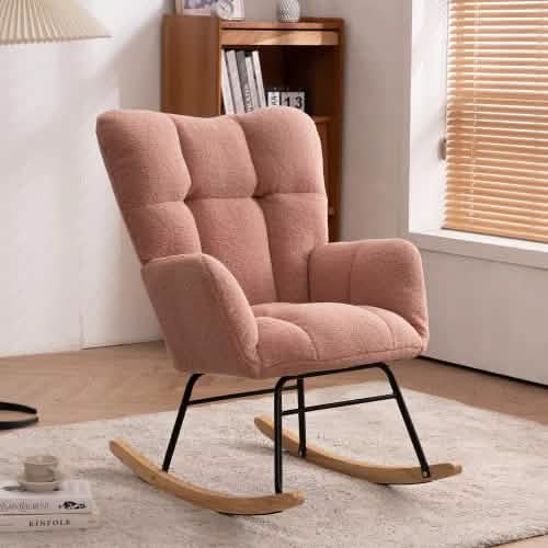 Fauteuil à bascule capitonné en tissu Teddy, style Mid-Century Modern