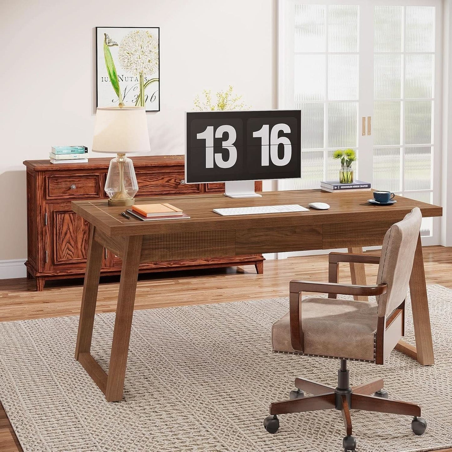 Mid-Century Modern Wooden Desk with Drawer and Stability
