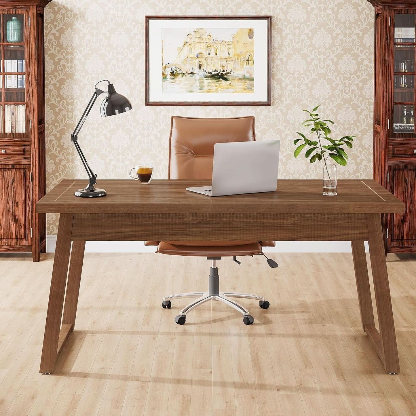 Mid-Century Modern Wooden Desk with Drawer and Stability
