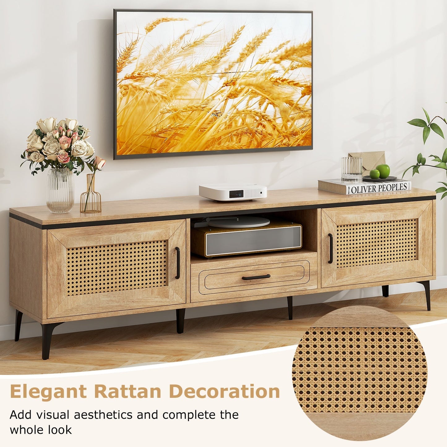 Mid Century Modern Entertainment Center with 2 Cabinets and Storage Drawer-Oak