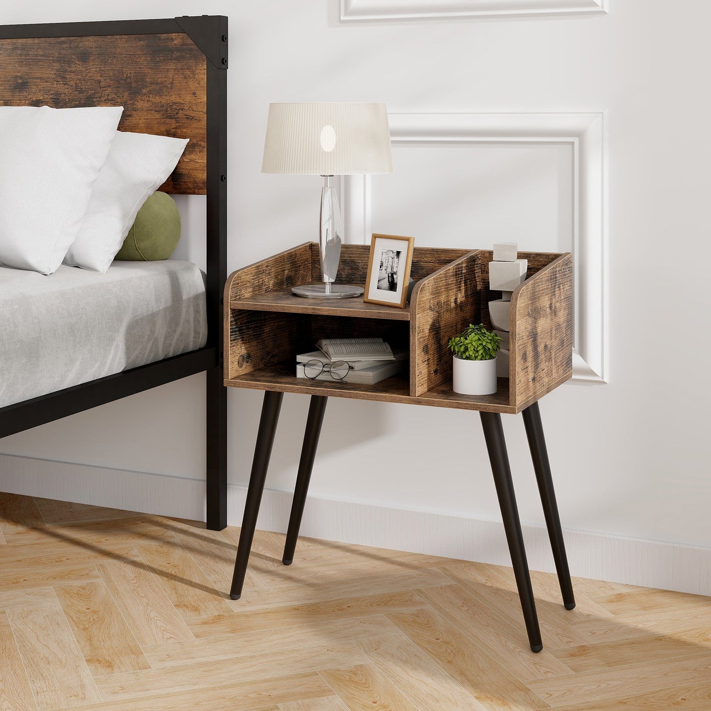 Mid Century Modern Nightstand with Open Shelves