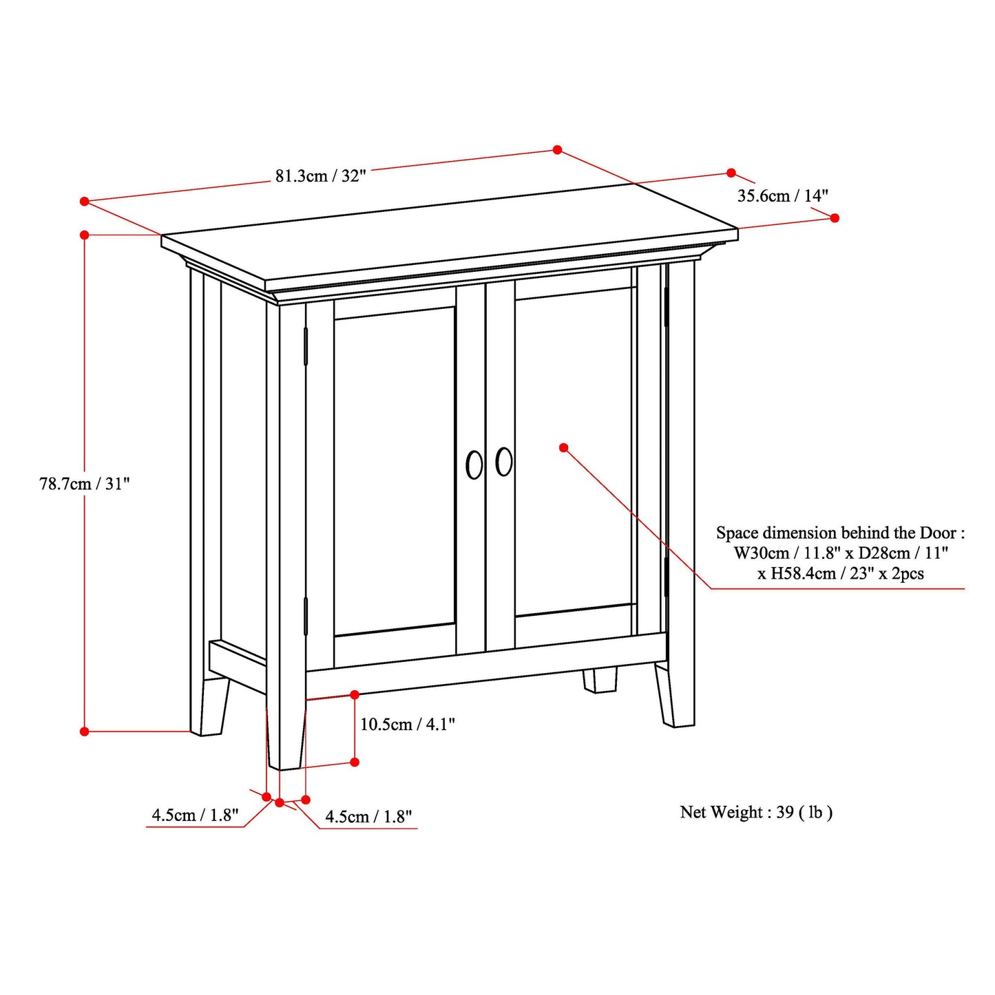 Redmond 32 Inch Wide Solid Wood Low Storage Cabinet in Hickory