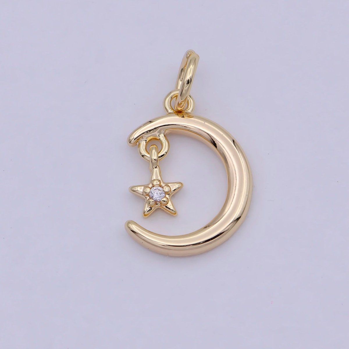 Mini Celestial CZ Cubic Zirconia Crescent Moon Star Charm Gold Charm Pendant W-178