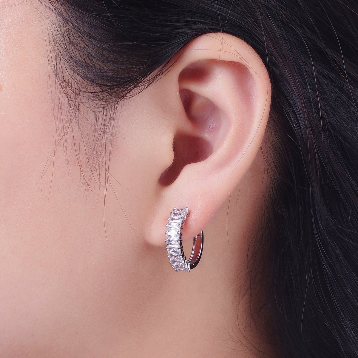 Mini Cz Hoop Earring, Baguette Hoop Earrings, 18k Gold Filled Baguette Huggies Small Hoop T-273 AD-035
