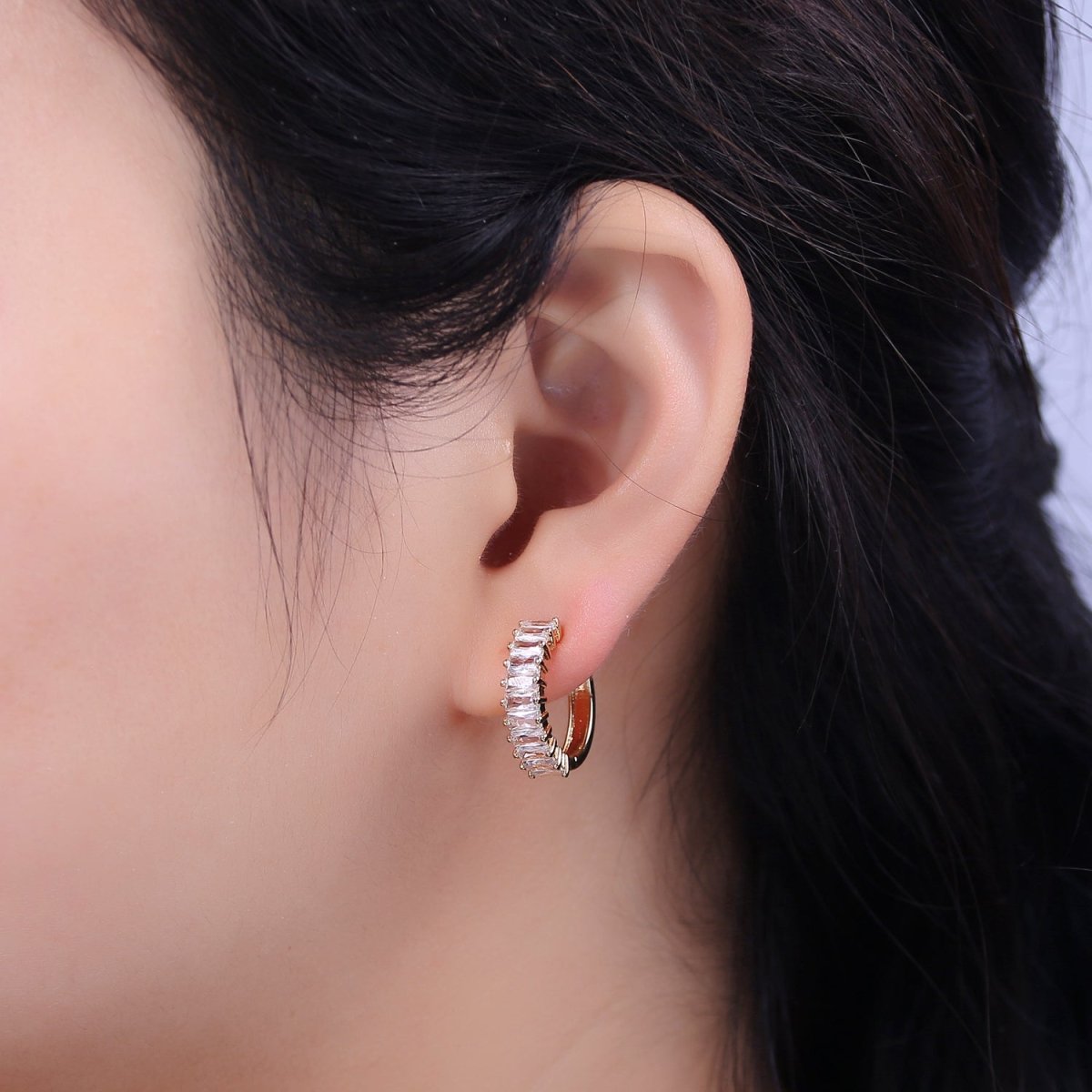 Mini Cz Hoop Earring, Baguette Hoop Earrings, 18k Gold Filled Baguette Huggies Small Hoop T-273 AD-035