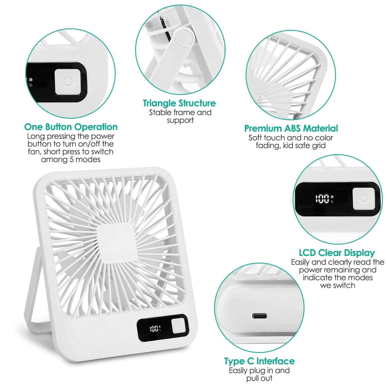 Mini Desktop Cooling Fan Rechargeable Battery Powered with LCD Display