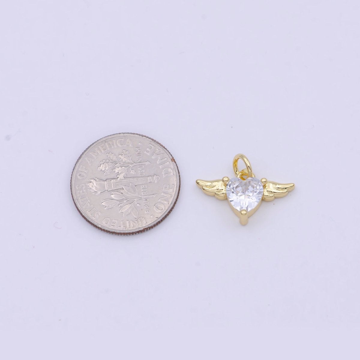 Mini Gold Angel Wing with Cubic Heart Charm W-163