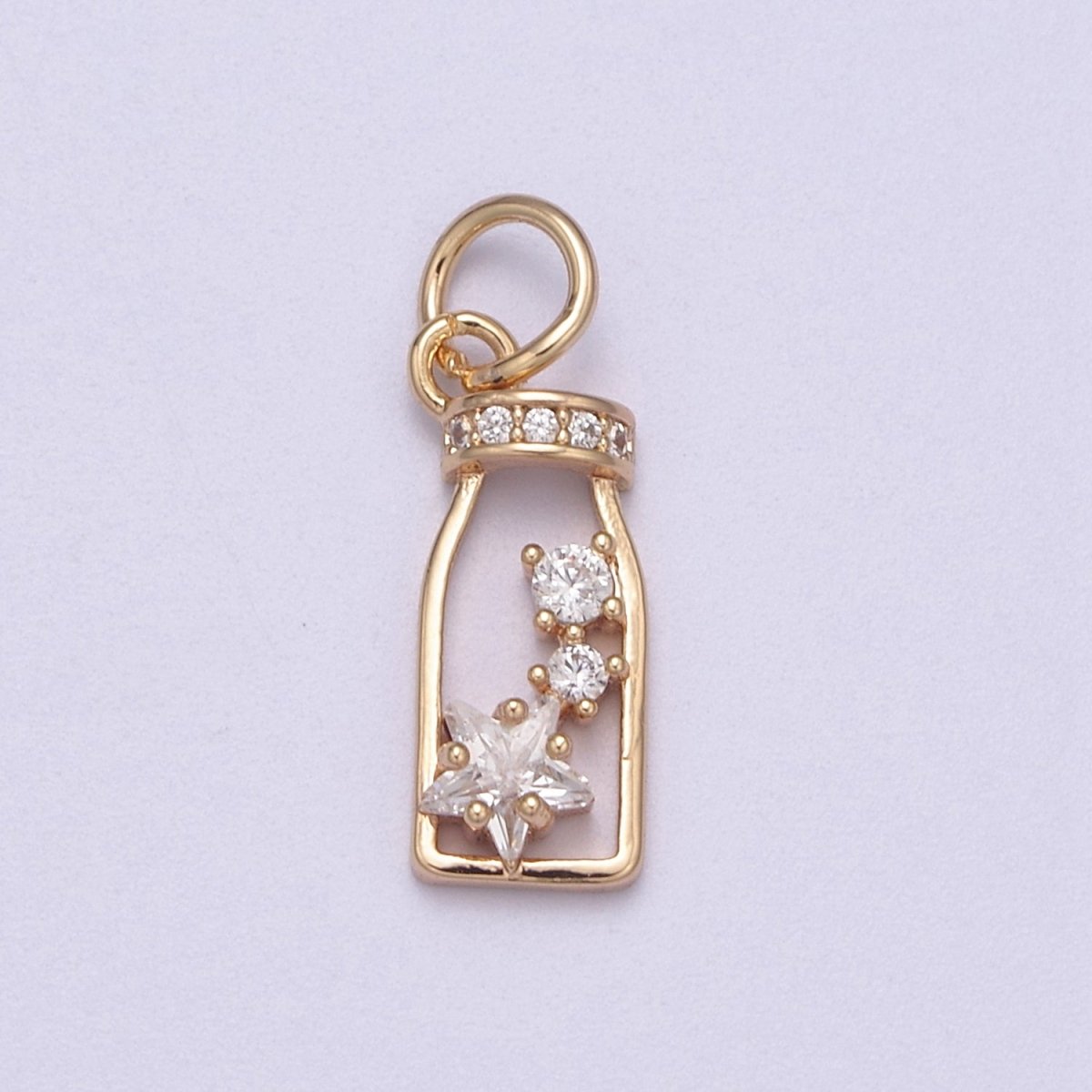 16K Gold Filled Micro Paved CZ Celestial Star Wish Bottle Charm in Gold & Silver | N277