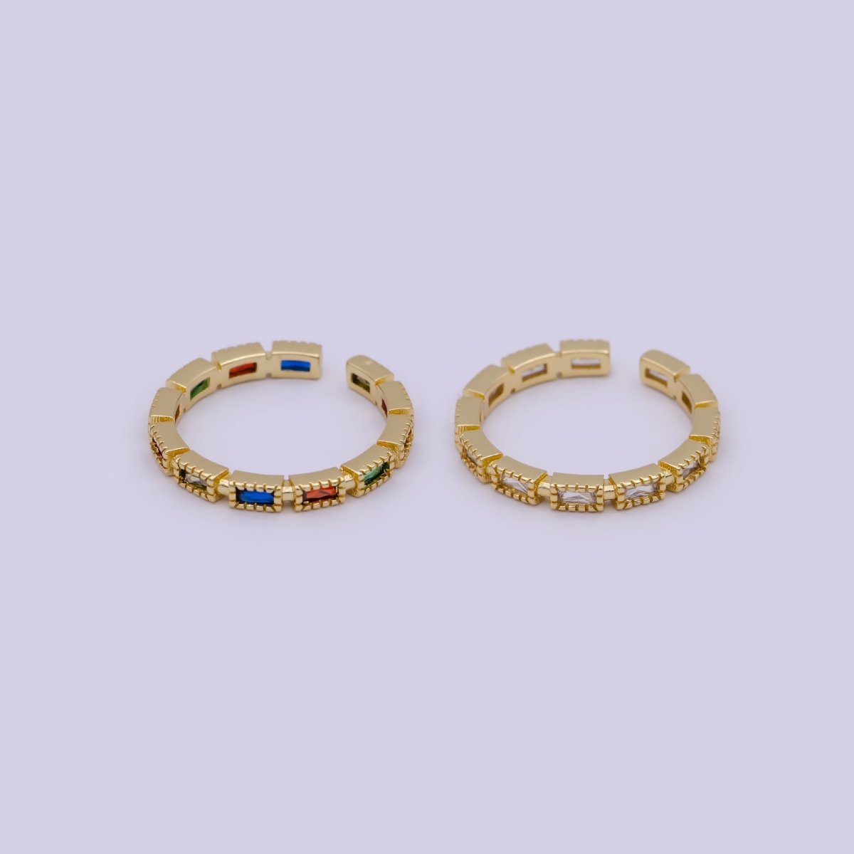 Minimalist 24K Gold Filled Rectangle Rainbow/Clear Crystal Zirconia CZ Adjustable Ring | U-391