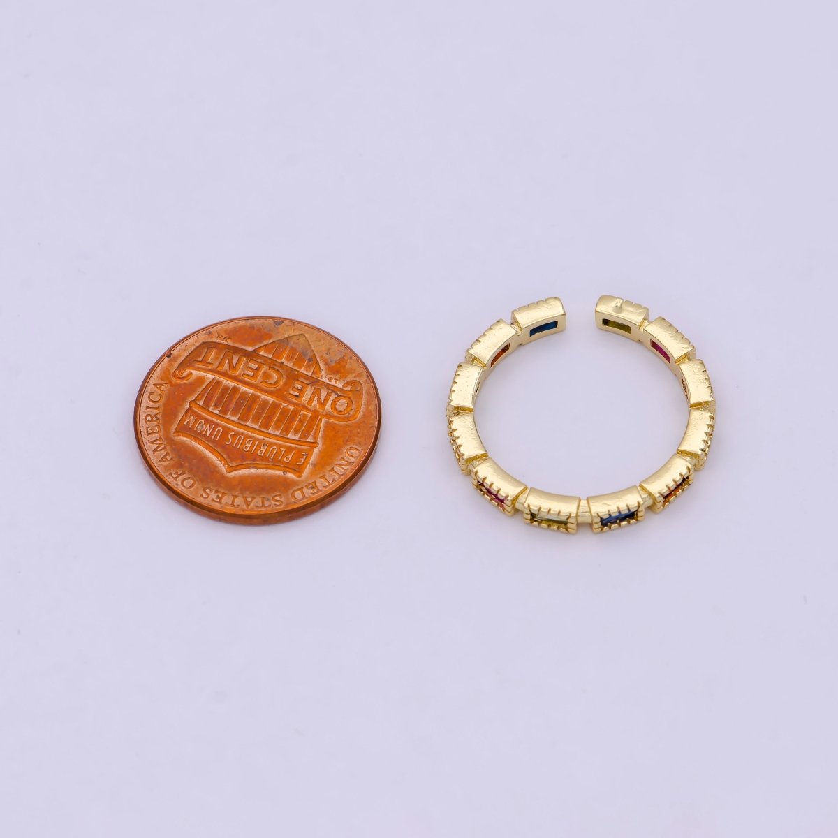 Minimalist 24K Gold Filled Rectangle Rainbow/Clear Crystal Zirconia CZ Adjustable Ring | U-391