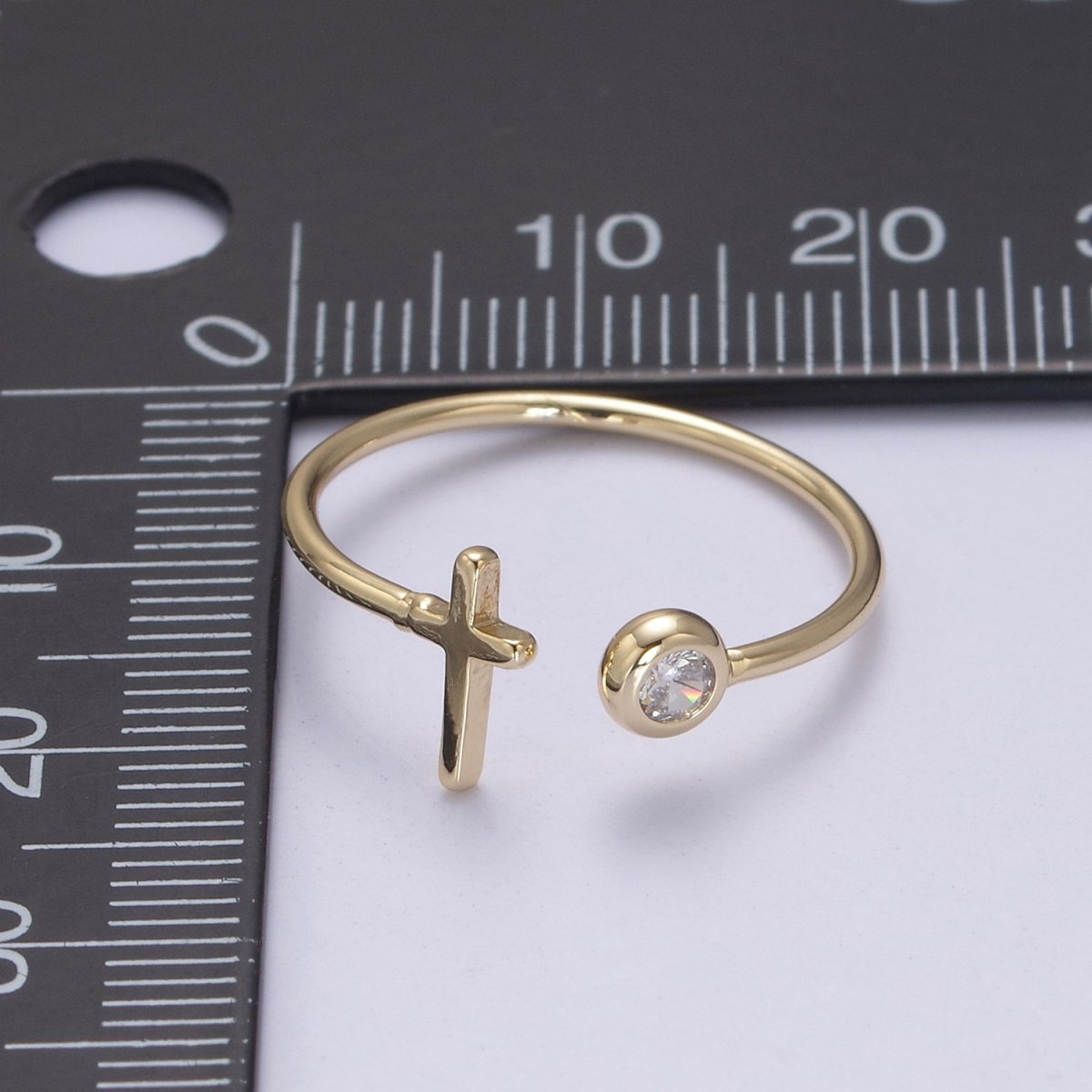 Minimalist Crystal Zirconia CZ, 16K Gold Filled Cross Open Adjustable Ring U-340