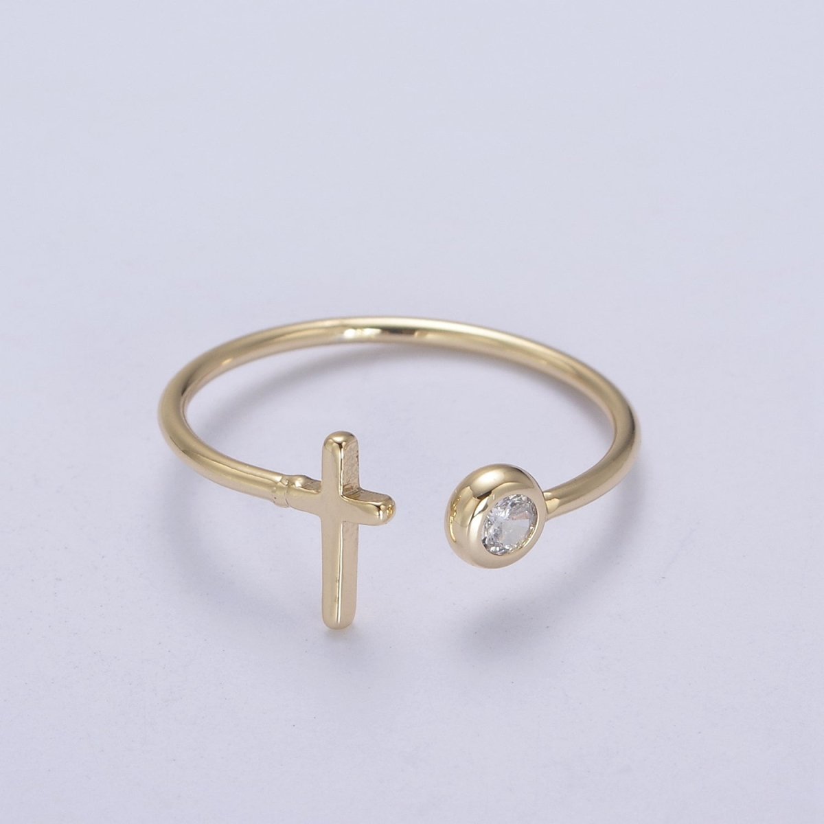Minimalist Crystal Zirconia CZ, 16K Gold Filled Cross Open Adjustable Ring U-340