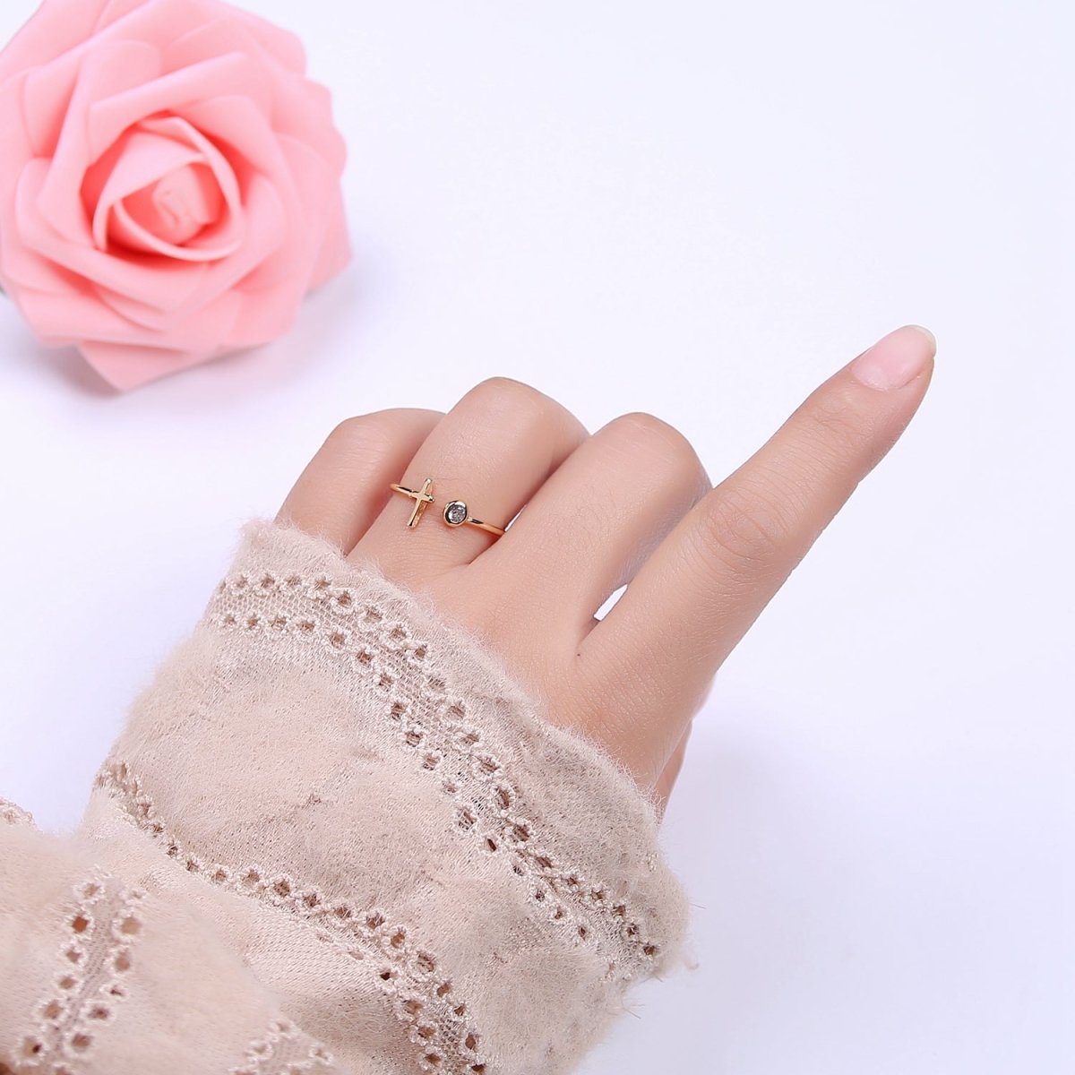 Minimalist Crystal Zirconia CZ, 16K Gold Filled Cross Open Adjustable Ring U-340