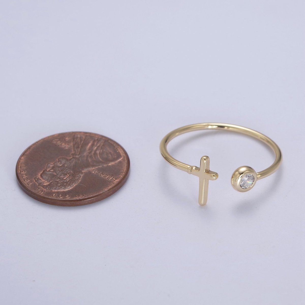 Minimalist Crystal Zirconia CZ, 16K Gold Filled Cross Open Adjustable Ring U-340