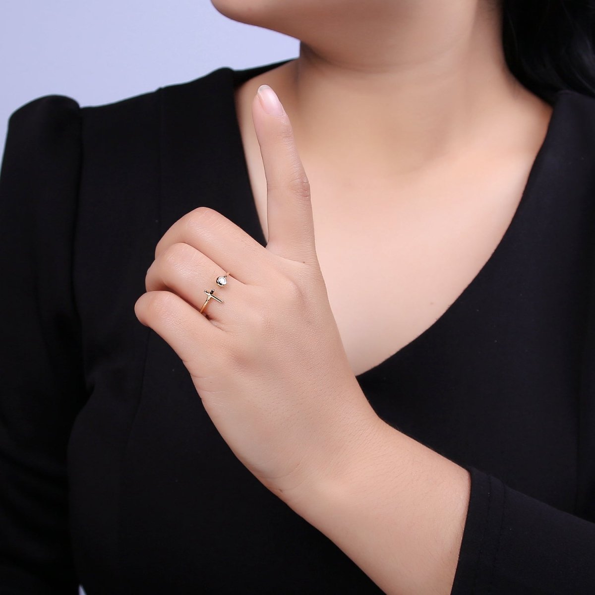 Minimalist Crystal Zirconia CZ, 16K Gold Filled Cross Open Adjustable Ring U-340
