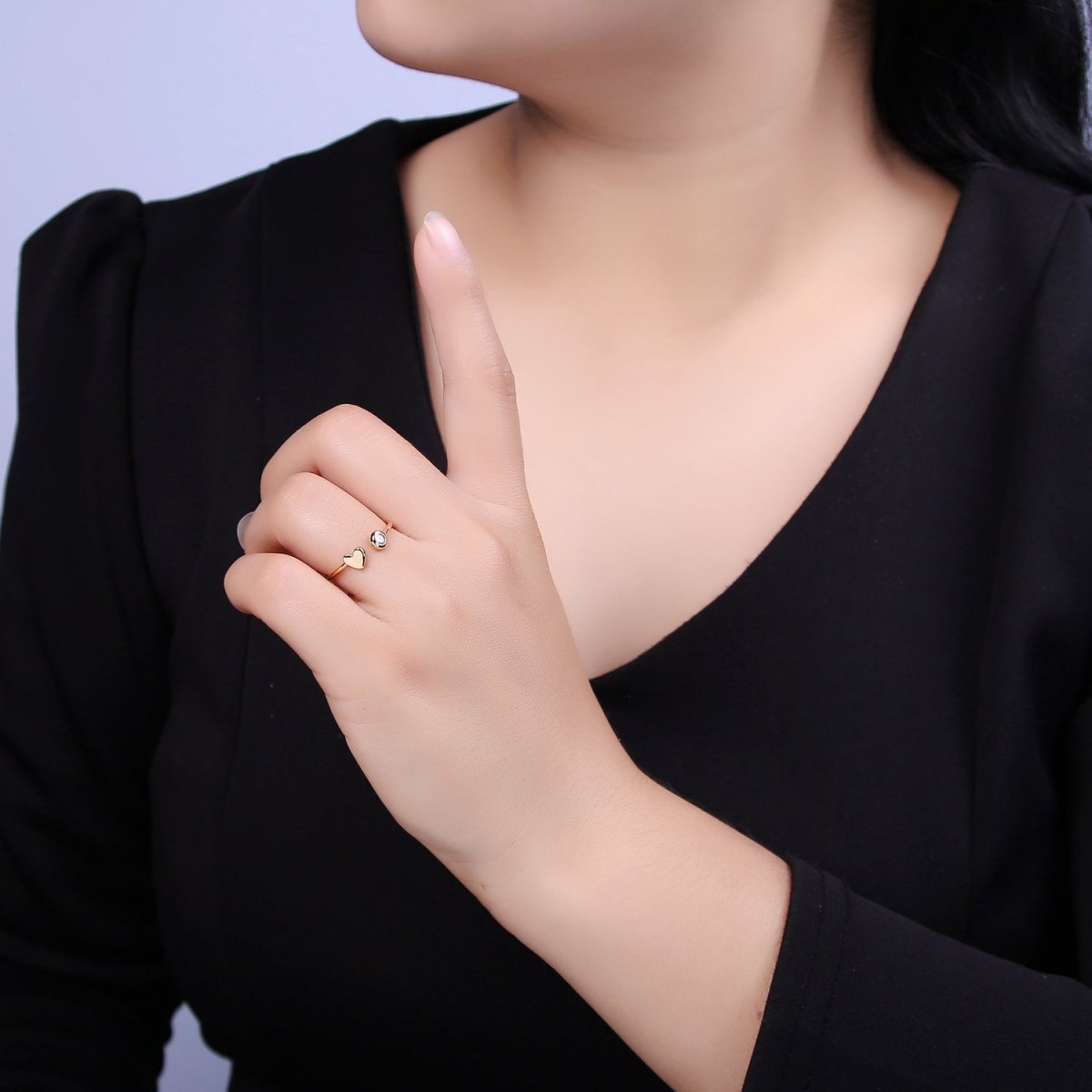 Minimalist Crystal Zirconia CZ, 16K Gold Filled Geometric Heart Open Adjustable Ring U-346
