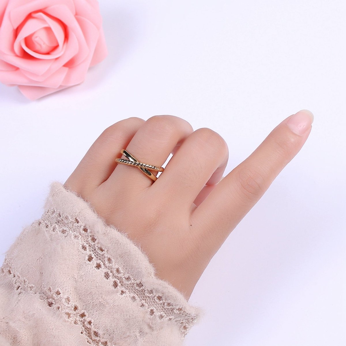Minimalist Dainty Crossed X Twisted Rope Double Band Adjustable Gold Ring  U-125