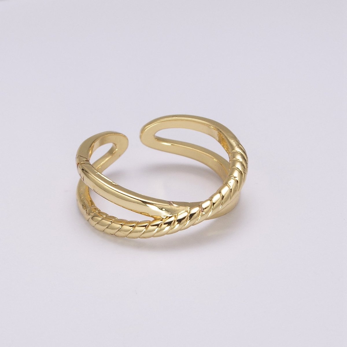 Minimalist Dainty Crossed X Twisted Rope Double Band Adjustable Gold Ring  U-125