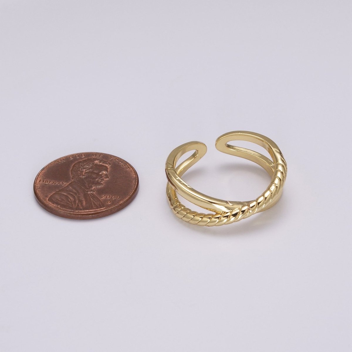 Minimalist Dainty Crossed X Twisted Rope Double Band Adjustable Gold Ring  U-125