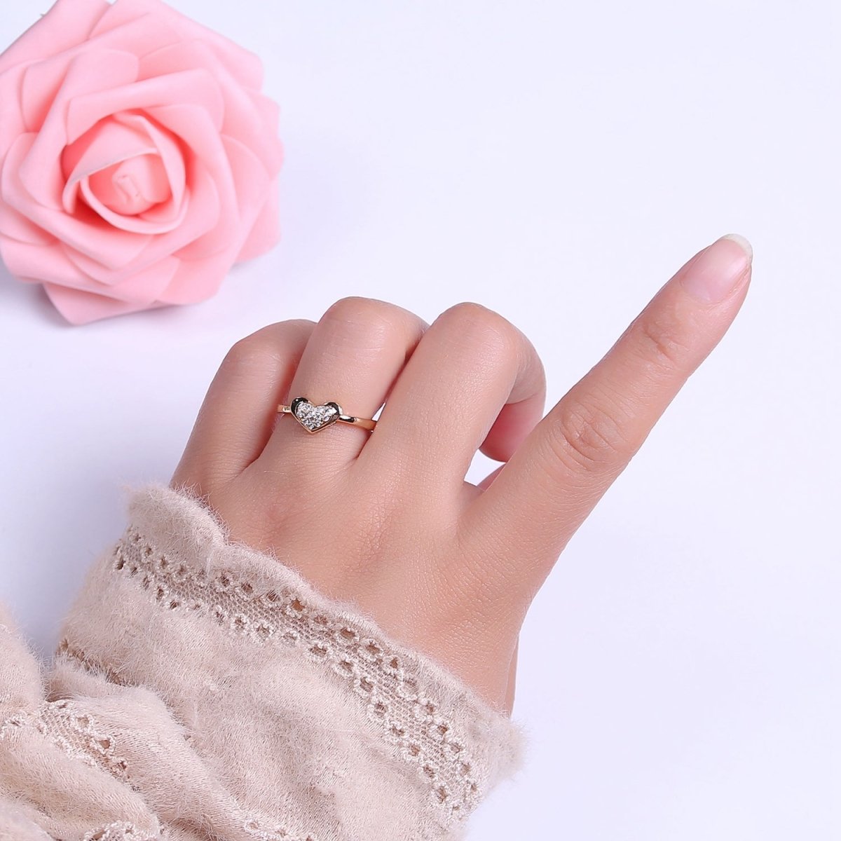 Minimalist Heart Ring, Gold Filled Stacking Ring, CZ Heart Ring Open Adjustable S-531