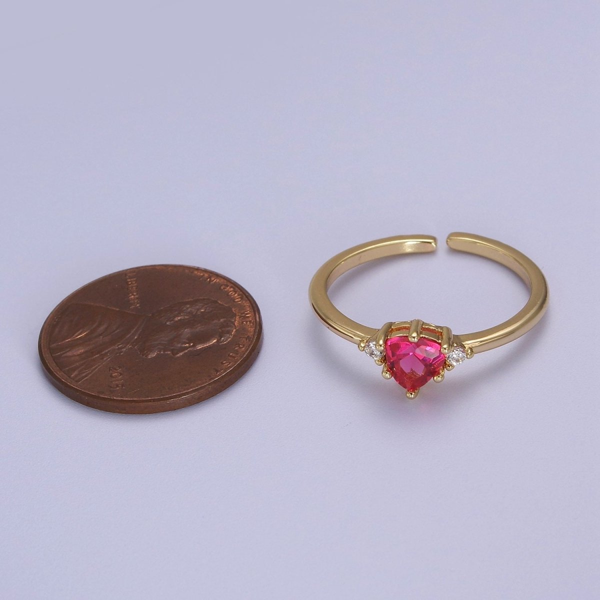 Minimalist Heart Ring, Gold Filled Stacking Ring, Pink CZ Heart Ring Open Adjustable S-532